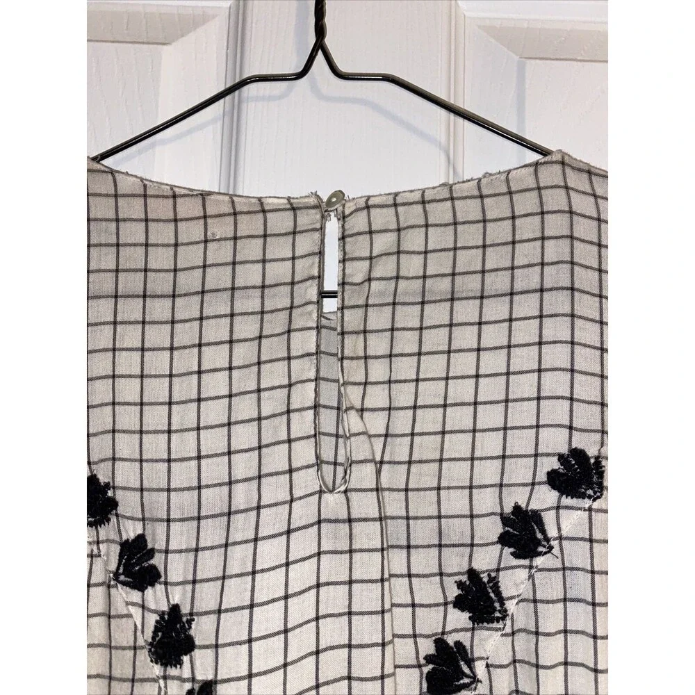 Zara Trafaluc Blouse Grid White Black Embroidered Side Tie Top Size Medium Fall